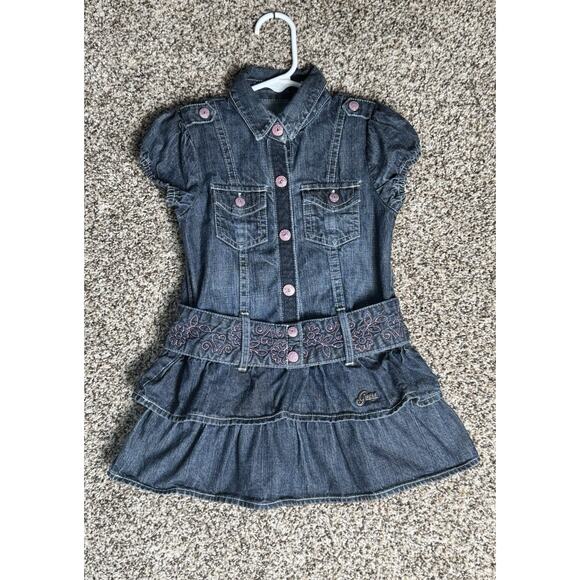 Y2K Baby Guess Denim Dress Girls Sz 24M Tiered Ruffle Puff Sleeve Belt Western - Picture 3 of 8